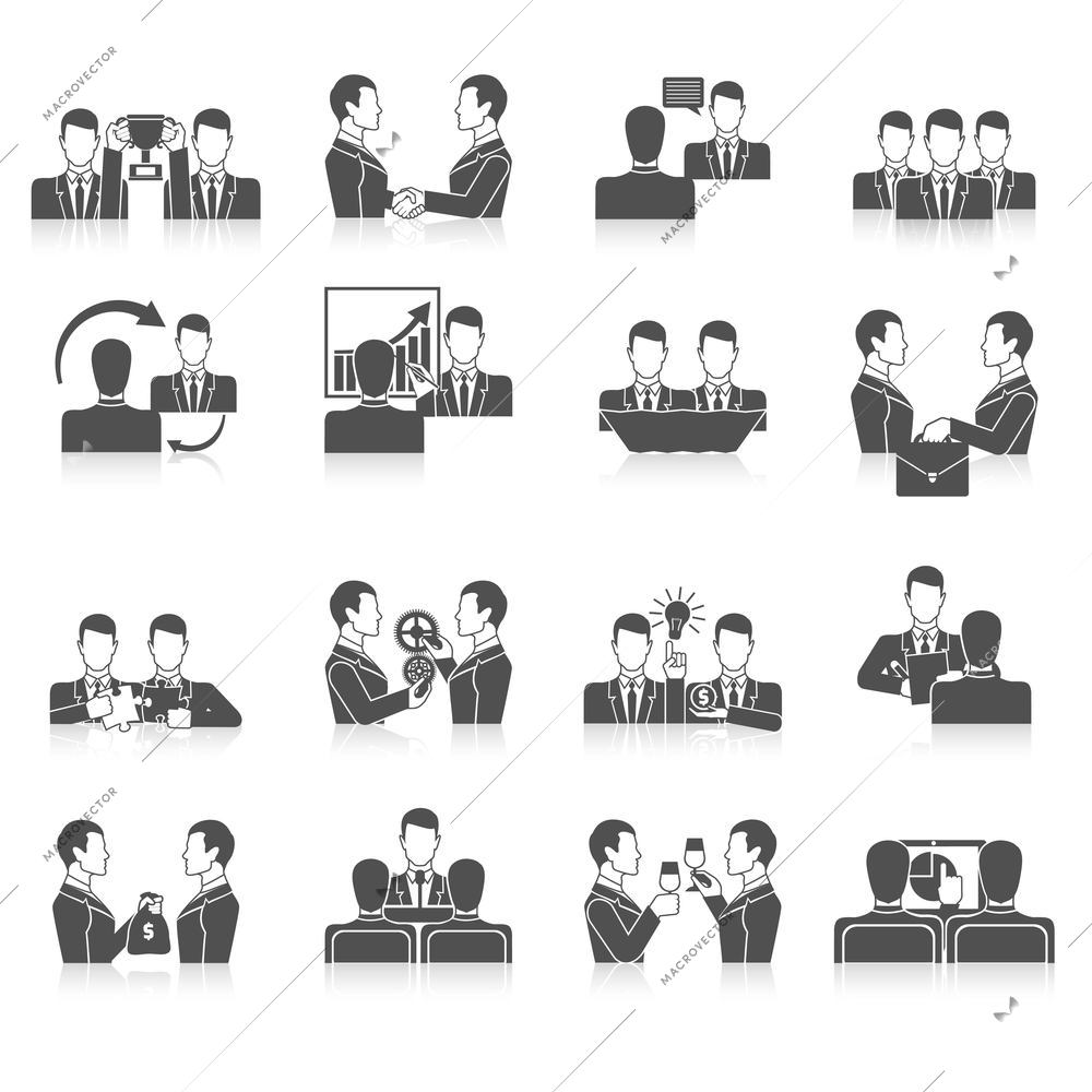 Partnership black icons set with business people corporate teamwork isolated vector illustration