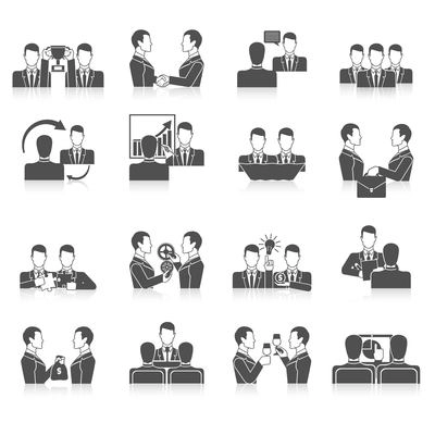 Partnership black icons set with business people corporate teamwork isolated vector illustration