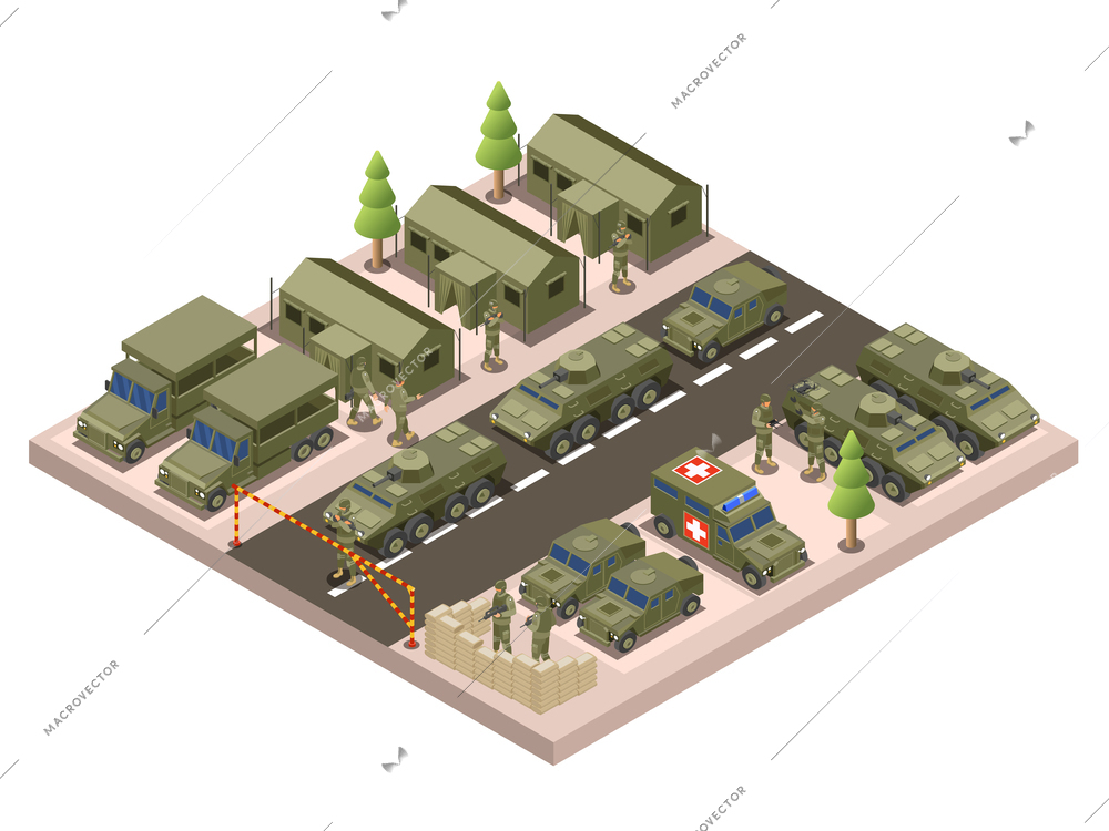 Army camp isometric composition with view of forbidden access area with tanks cars trucks and barracks vector illustration