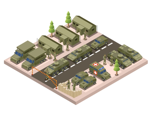 Army camp isometric composition with view of forbidden access area with tanks cars trucks and barracks vector illustration