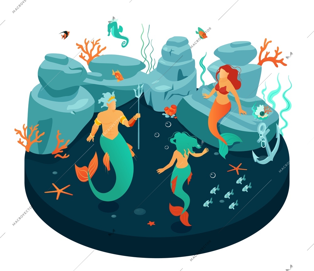 Isometric underwater world composition with isolated view of mermaid creatures having party with fishes sea stars vector illustration