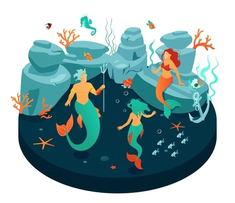 Isometric underwater world composition with isolated view of mermaid creatures having party with fishes sea stars vector illustration