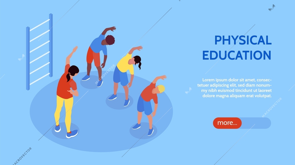 Isometric pe lesson horizontal banner with view of people doing exercises editable text and more button vector illustration