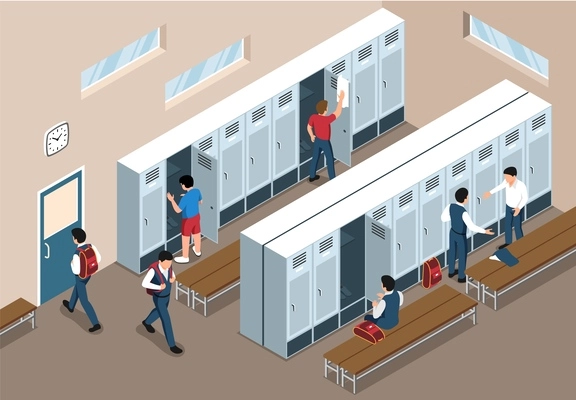 School gym dressing room interior with lockers benches and male students isometric vector illustration