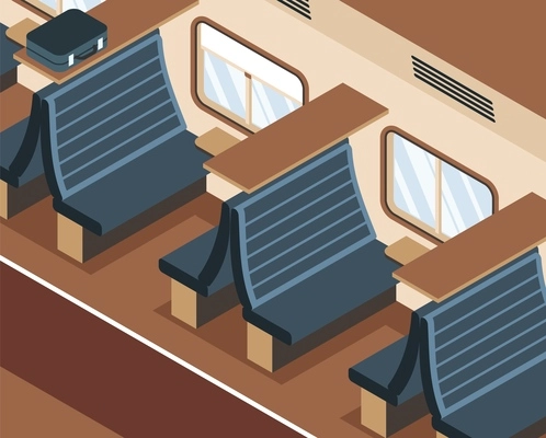 Train wagon interior with empty seats and luggage on shelf 3d isometric vector illustration