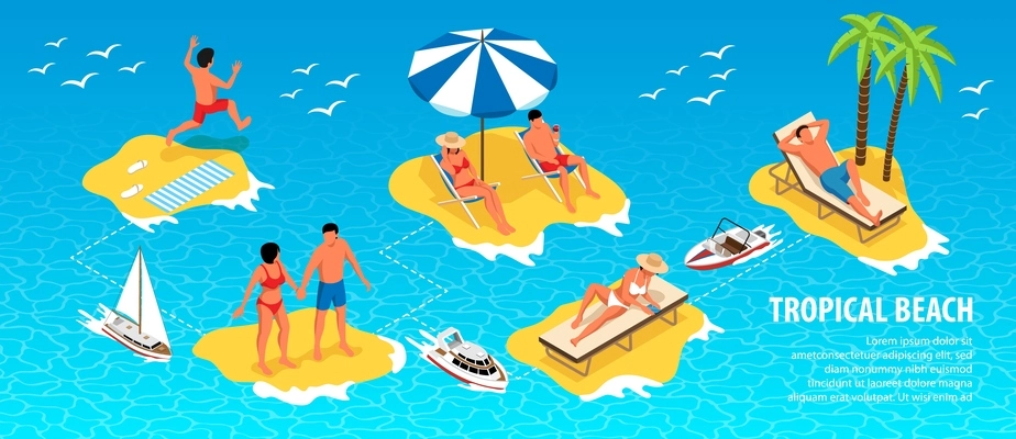 Tropical beach isometric infographics with relaxing people yachts and seagulls on blue water background vector illustration