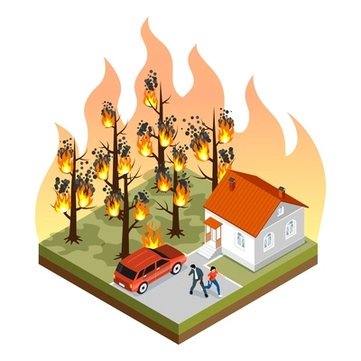 Natural disaster forest fire isometric concept with worried people running away from burning trees near their house 3d vector illustration