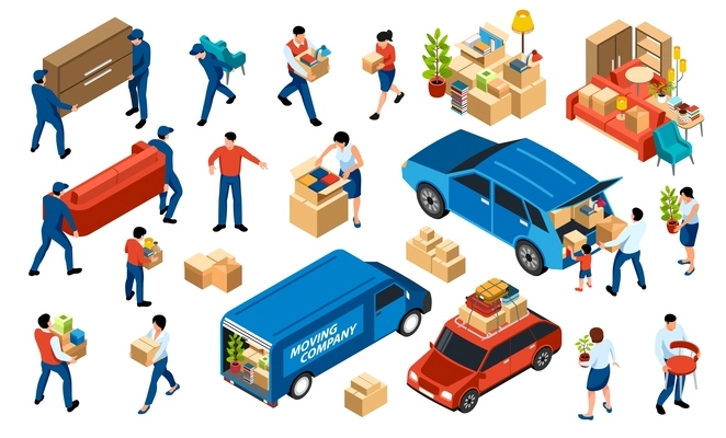 Relocation isometric set with moving families and movers in uniform carrying furniture and boxes isolated 3d vector illustration