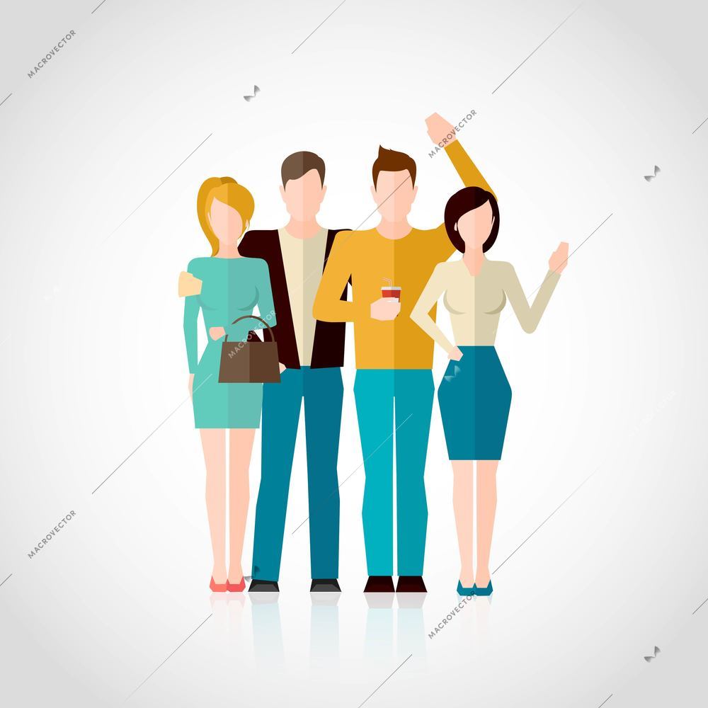 Friends concept with four men and women figures hugging isolated on white background flat vector illustration