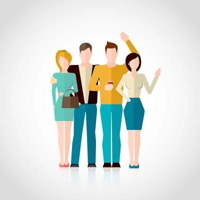 Friends concept with four men and women figures hugging isolated on white background flat vector illustration