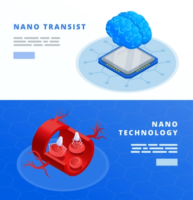 Nanotechnology horizontal banners set with transist symbols isometric isolated vector illustration