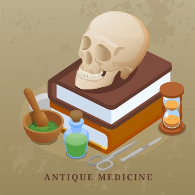 Ancient science composition with alchemy and medicine symbols isometric vector illustration