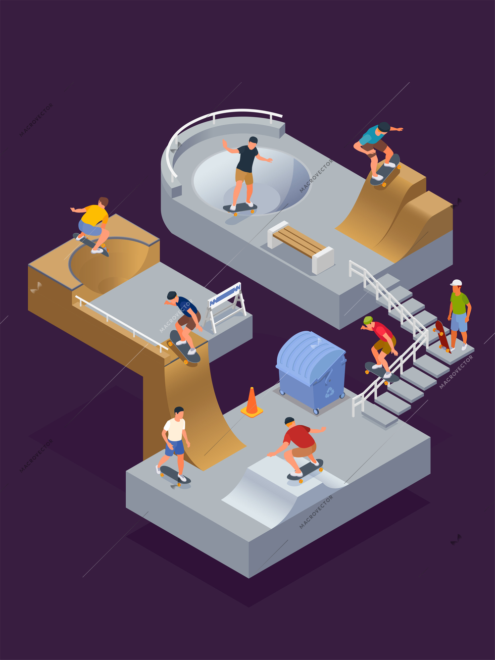 Skate park concept with sport symbols isometric vector illustration