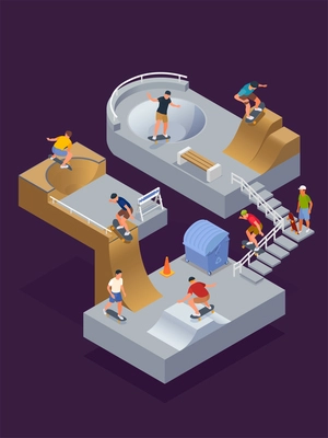 Skate park concept with sport symbols isometric vector illustration