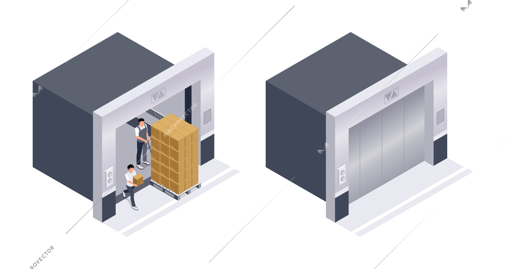 Cargo elevator with opened and closed automatic wide sliding doors isometric set isolated vector illustration