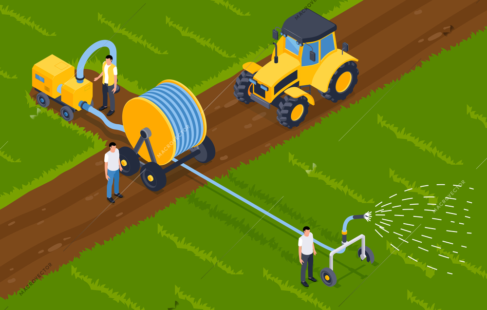 Irrigation systems isometric background with pump and drum machine with long hose vector illustration