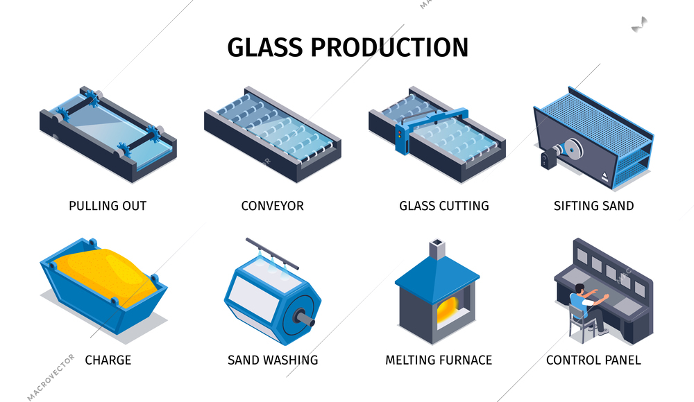 Glass production isometric icons depicting washing and sifting sand melting furnace conveyor pulling out isolated vector illustration