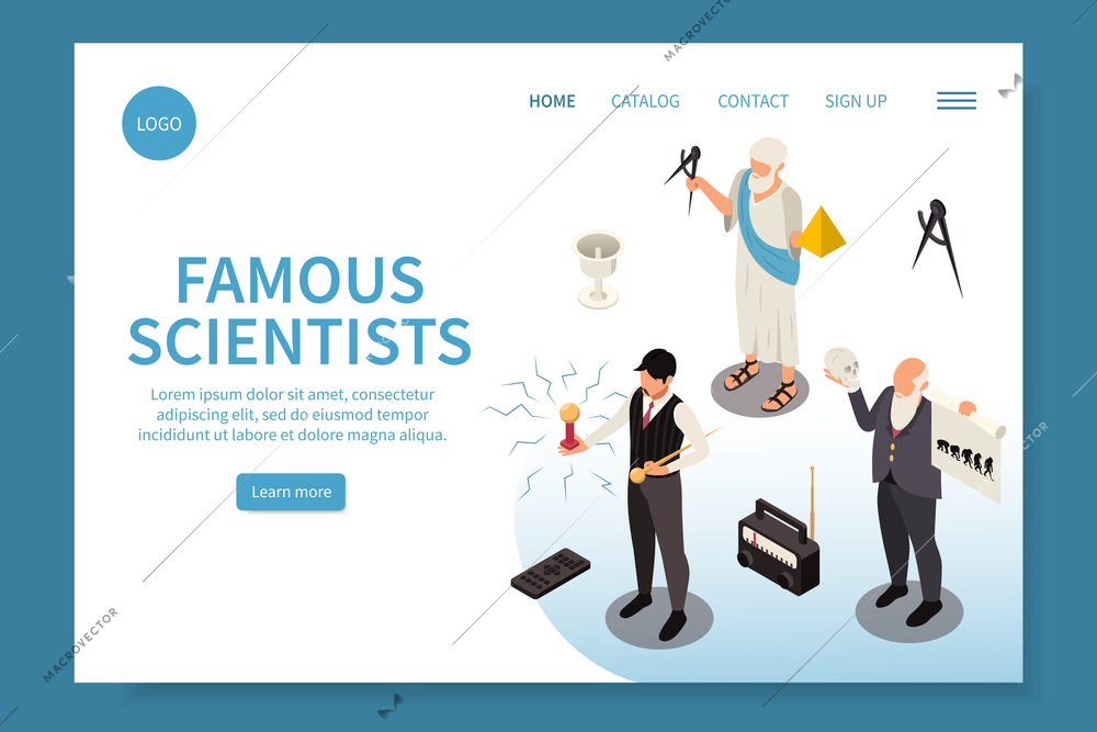 Famous scientists isometric web site landing page with set of icons human characters text and links vector illustration