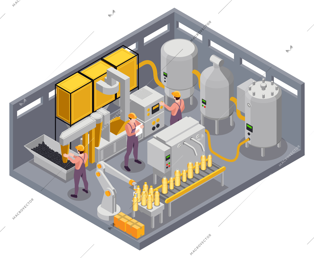 Sunflower production isometric composition with isolated view of indoor workshop with canisters tanks lines and workers vector illustration
