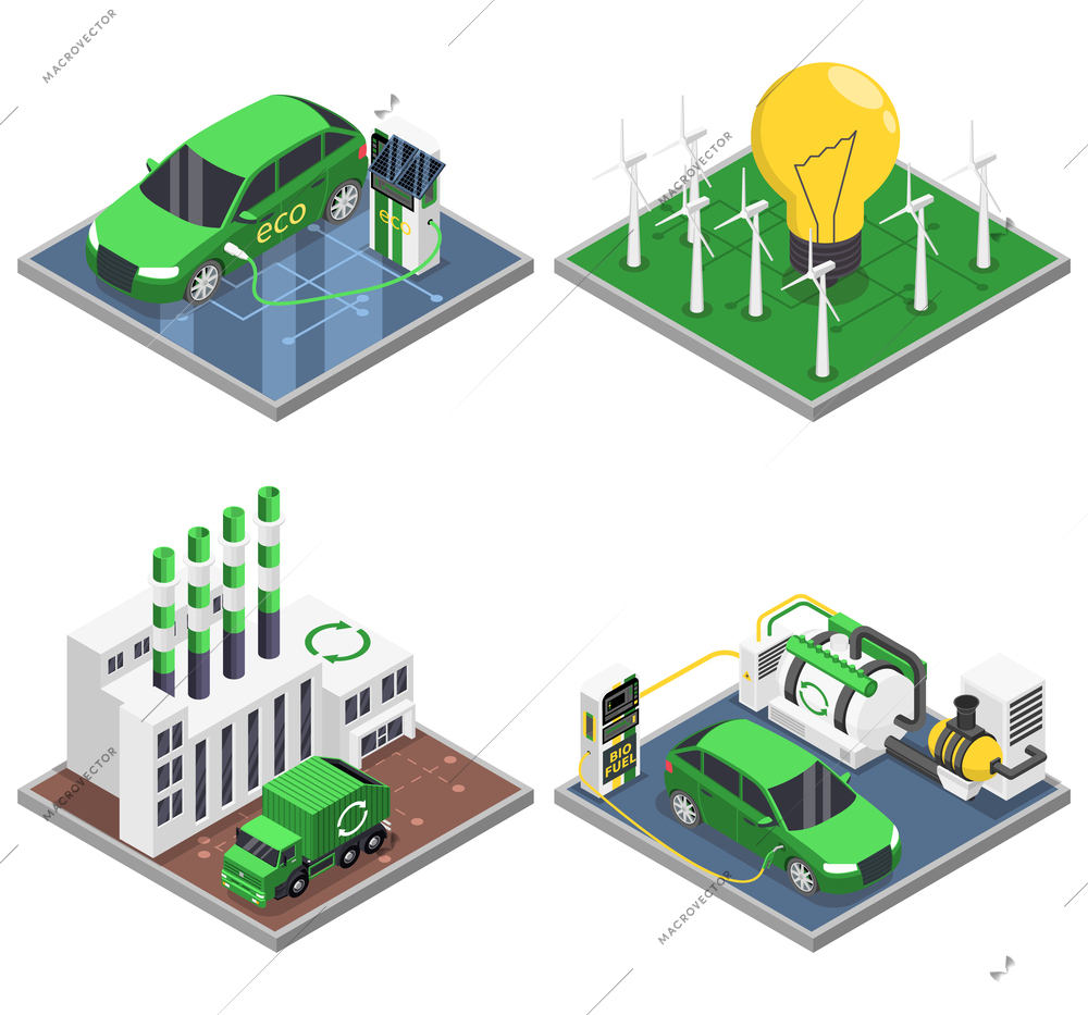 Biofuel biogas production isometric set of four isolated compositions with petroleum processing facilities and green cars vector illustration