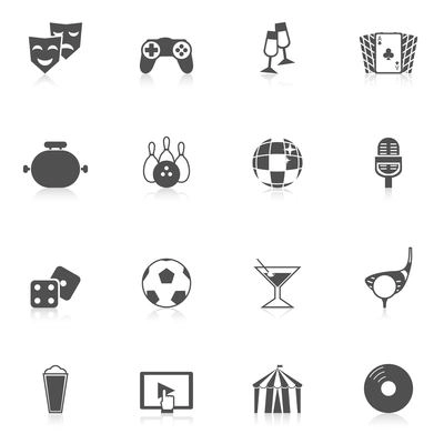 Entertainment and leisure icons black set with music gambling video film symbols isolated vector illustration