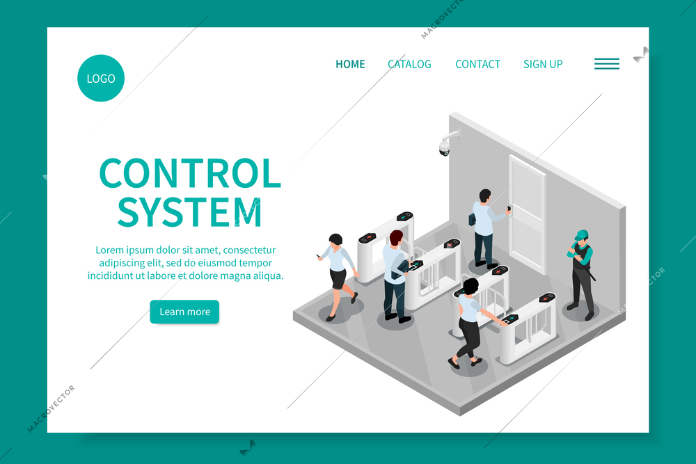 Access control system isometric web site landing page with clickable buttons text links office entry image vector illustration