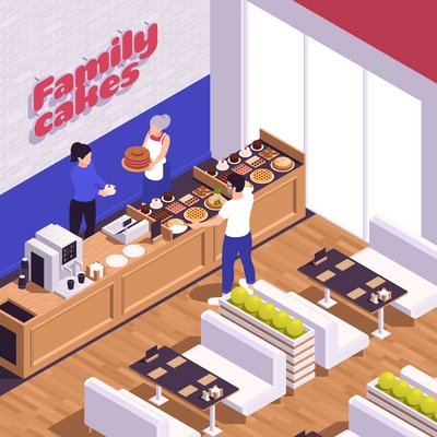 Small family business isometric composition with indoor view of bakery cafe with seats counter and people vector illustration