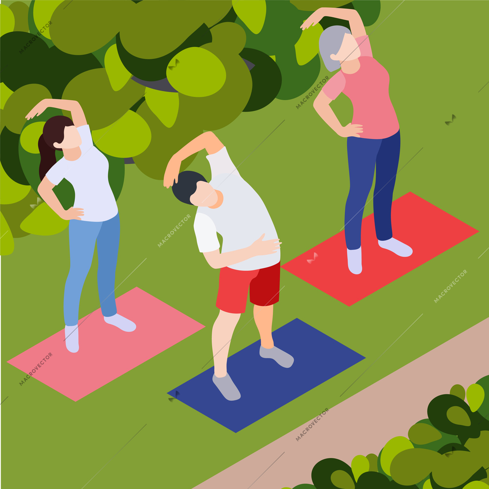 Regular sport physical activity people isometric composition with outdoor park scenery and people practicing on mats vector illustration
