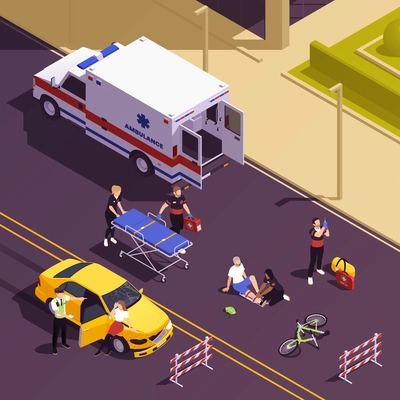 Emergency care on road isometric background with paramedics providing first aid victim persons after accident vector illustration