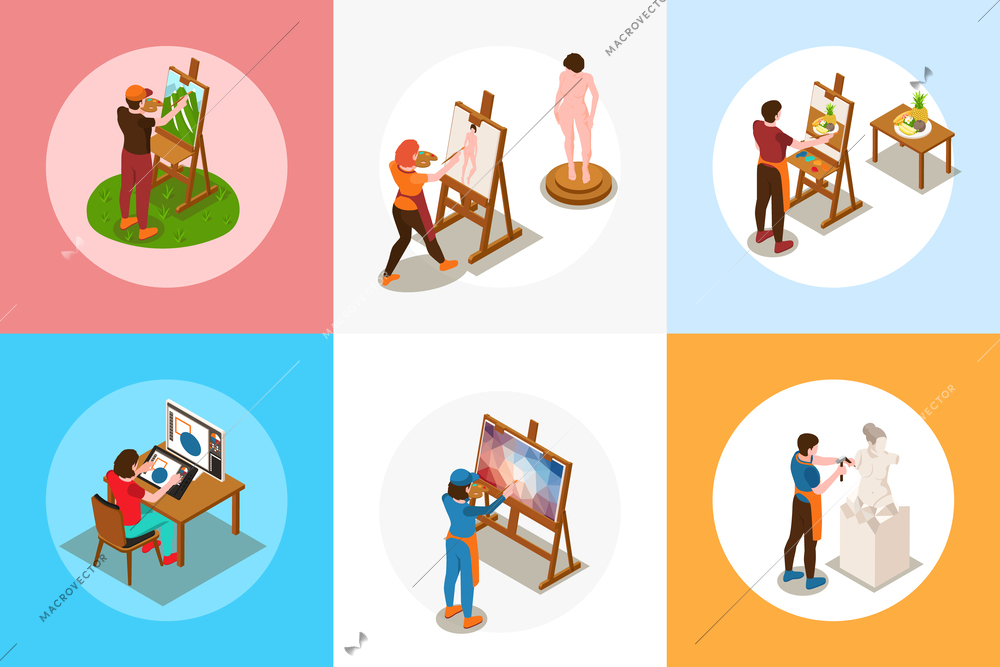 Artists isometric square set with drawing design and sculpture symbols isolated vector illustration