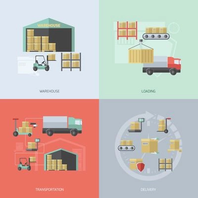 Warehouse design concept set with loading transportation and delivery flat icons isolated vector illustration