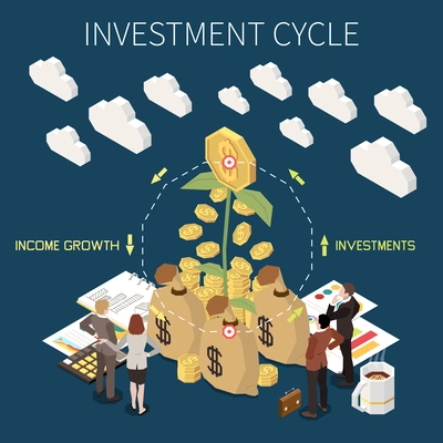 Crowdfunding and fundraising isometric concept with money investment cycle vector illustration