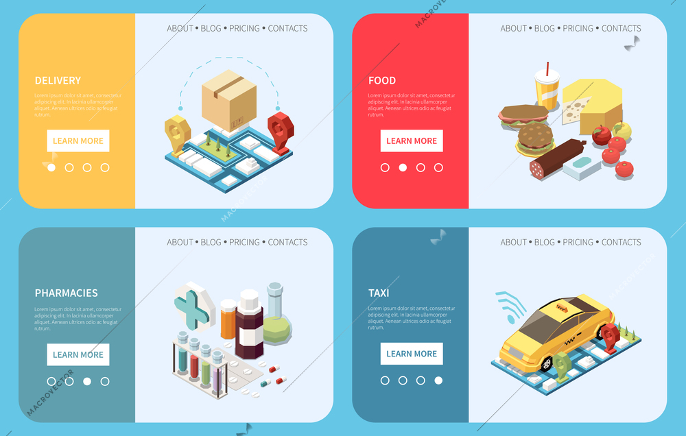 Superapp isometric banner set with food delivery and taxi applications isolated vector illustration