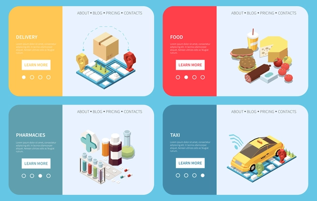 Superapp isometric banner set with food delivery and taxi applications isolated vector illustration