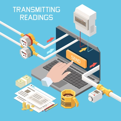 Utility expences isometric concept with reporting payment data via internet vector illustration