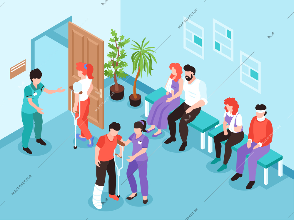 People with physical injury isometric background with patients sitting in line near  traumatologist office vector illustration