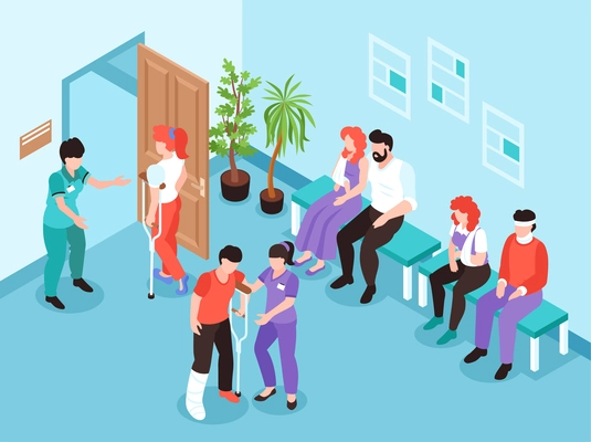 People with physical injury isometric background with patients sitting in line near  traumatologist office vector illustration