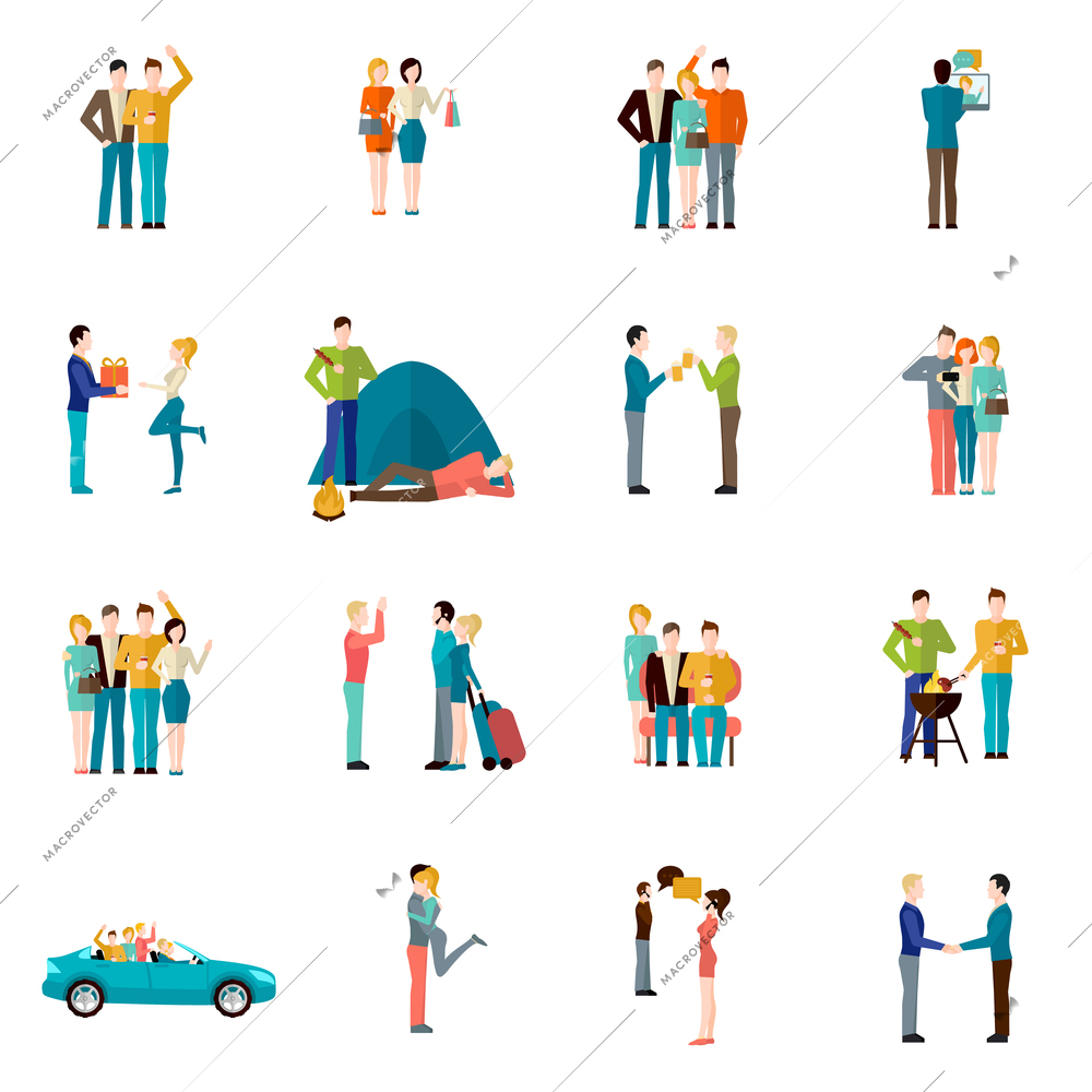 Friends company teamwork togetherness and brotherhood concept icons set isolated vector illustration