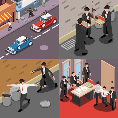 Mafia isometric 2x2 design concept set with street gangsters drug trafficking big boss square compositions 3d vector illustration