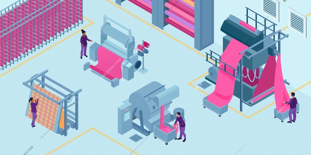 Isometric textile industry composition with indoor view of fabric factory with machine units and human operators vector illustration