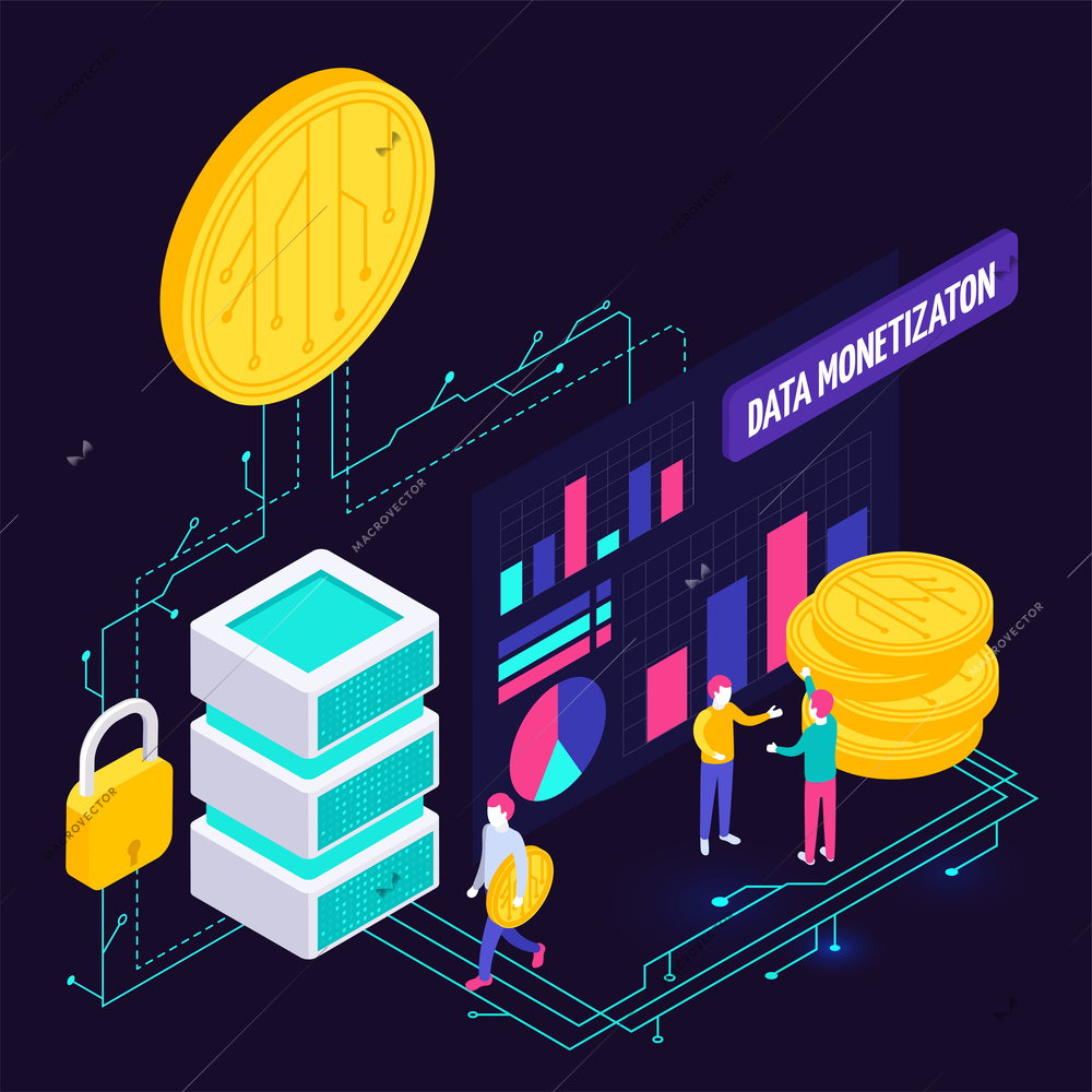 Data economy isometric composition with human characters icons of servers with connections to stack of coins vector illustration