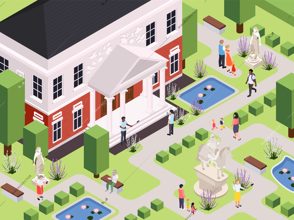 Classic architecture isometric composition with outdoor scenery with view of vintage building and public square garden vector illustration