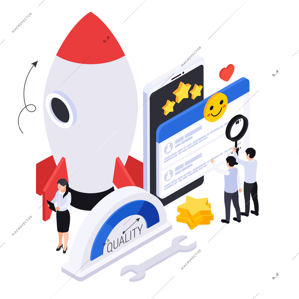 Business growth strategy isometric composition with icons of rocket tools stars likes and smartphone with people vector illustration