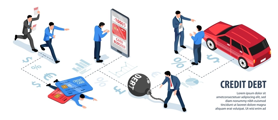 Isometric colored credit infographic with credit debt headline different men and pointers vector illustration