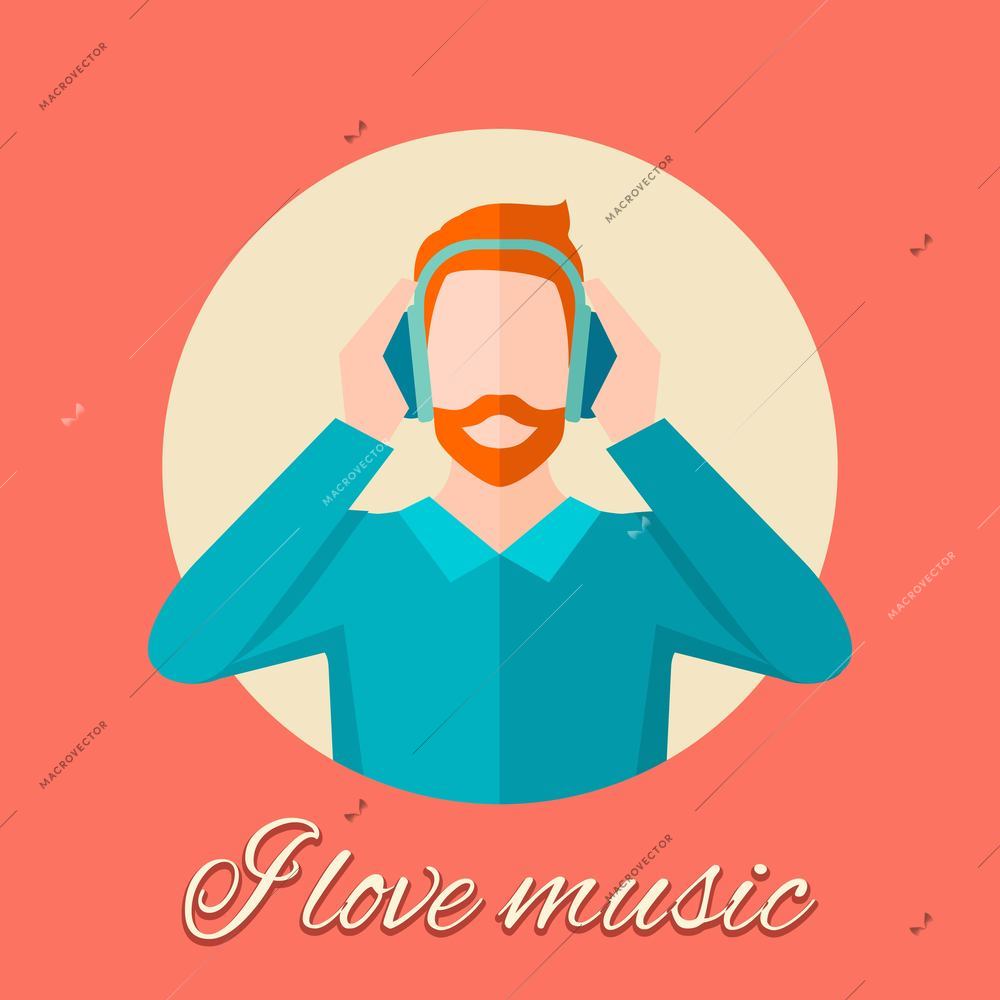 Man with beard listening music in headphones flat poster vector illustration