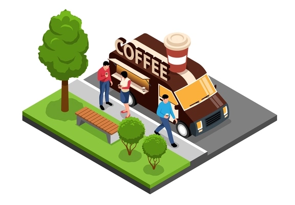 Isometric coffee food truck concept truck is parked in the park and customers walk by  vector illustration