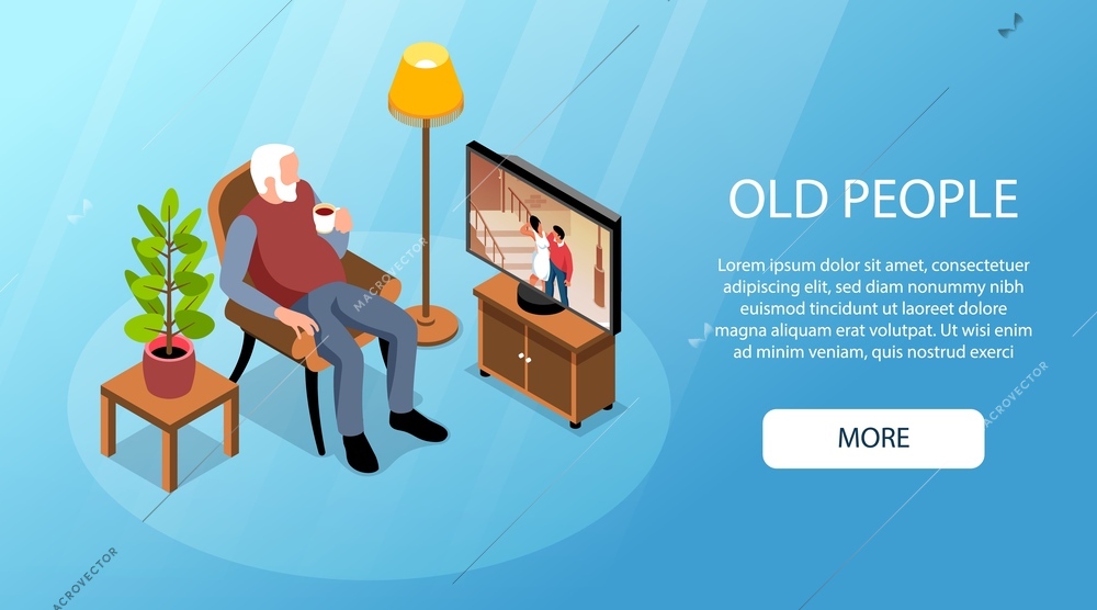 Isometric old people activity horizontal banner old man watching tv big headline and more button vector illustration