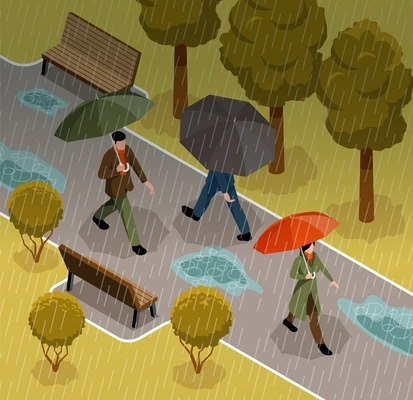 Isometric storm weather colored concept people walk through the park with umbrellas to hide from the rain vector illustration