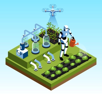 Isolated isometric smart farm isolated concept robots grow and water plant beds vector illustration