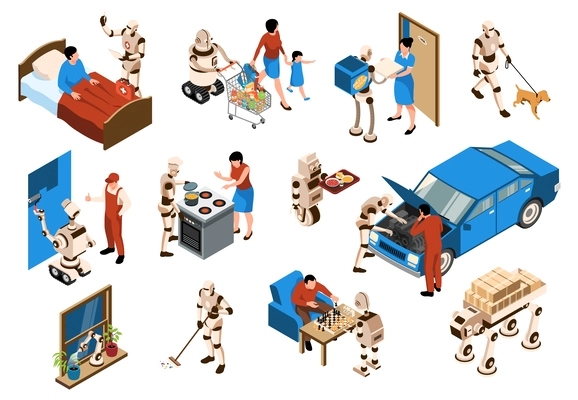 Isometric robot assistant color set machine that helps people in the kitchen in life walking the dog playing with people vector illustration